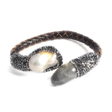 Moda jóias de couro pulseira de pedras preciosas para Lady Girl